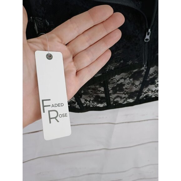 Faded Rose Black Sheer Lace Bustier Crop Top With Cap Sleeves & Back Zipper Clos - Picture 10 of 15